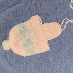 Vintage Pink and White Infant Pom-Pom Winter Hat